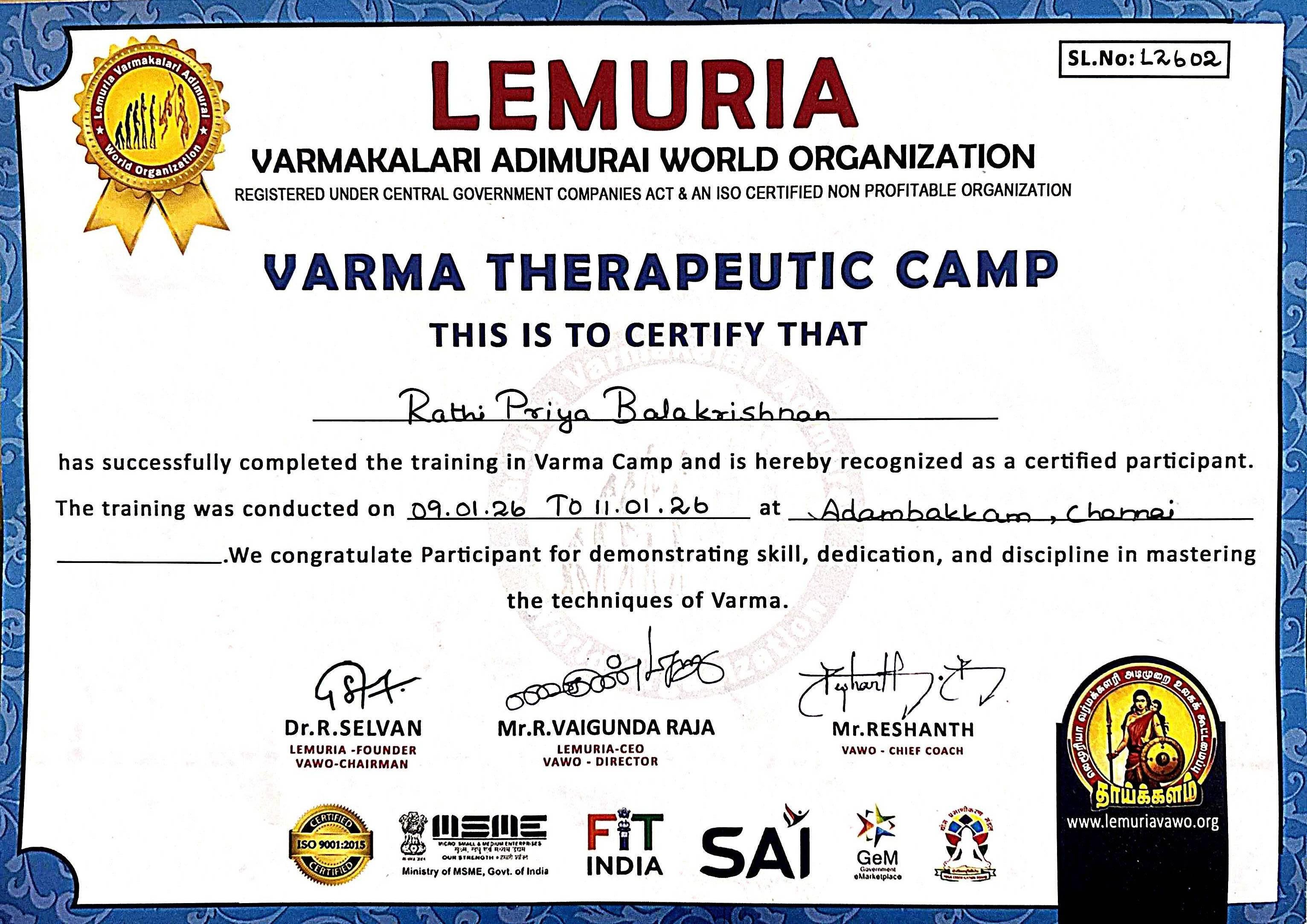 Varma Therapeutic Camp Certificate